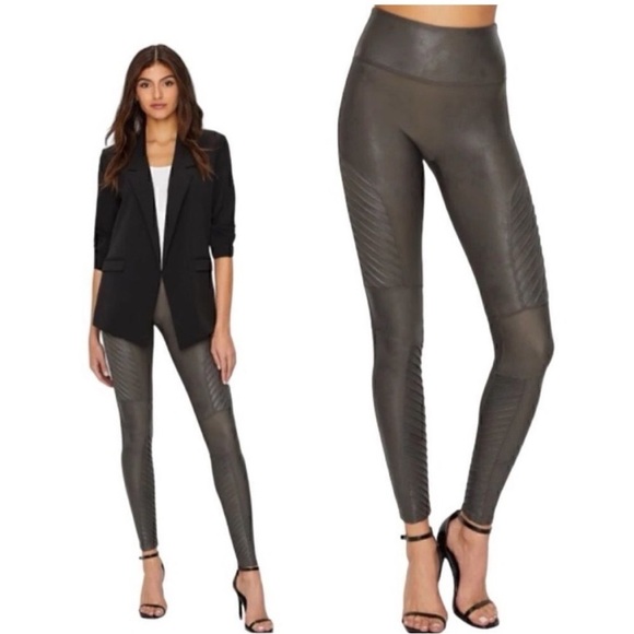 Spanx Faux Leather Moto Leggings in Olive Green - Picture 1 of 4